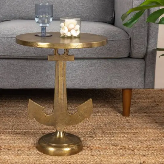 Hello Honey&reg; 19" Round Gold Nautical Accent Table with Anchor Base {3}