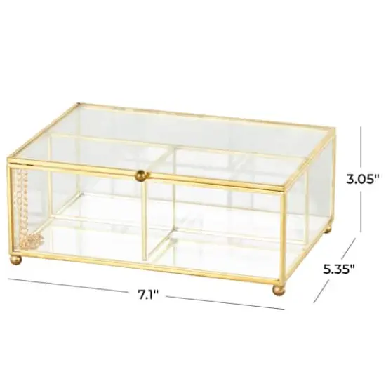 7" x 5" x 3" Clear & Gold 3-Slot Glass & Metal Jewelry Box with Chain Accent {5}