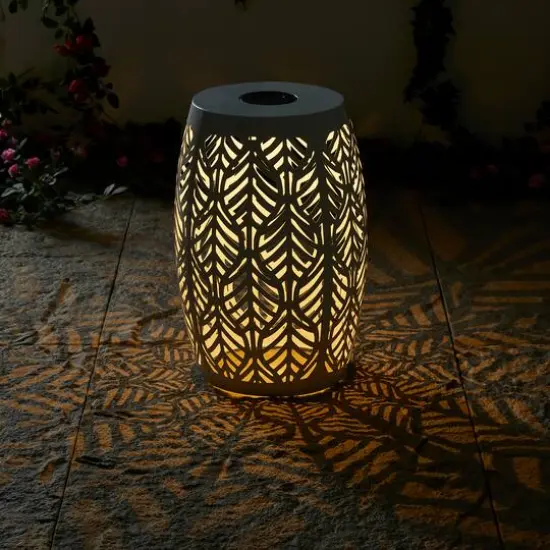 Glitzhome&reg; 18.25" Multifunctional Solar Powdered Iron Leaf Cutout Garden Stool White {6}