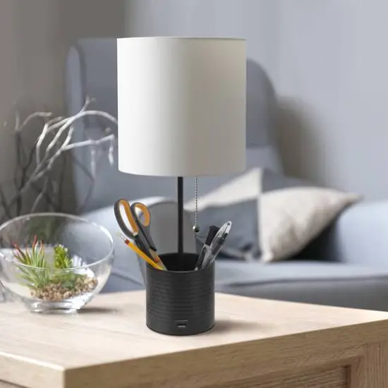 Simple Designs 18.5" Hammered Metal Container Base Table Lamp with USB Charging Port White/Black {6}