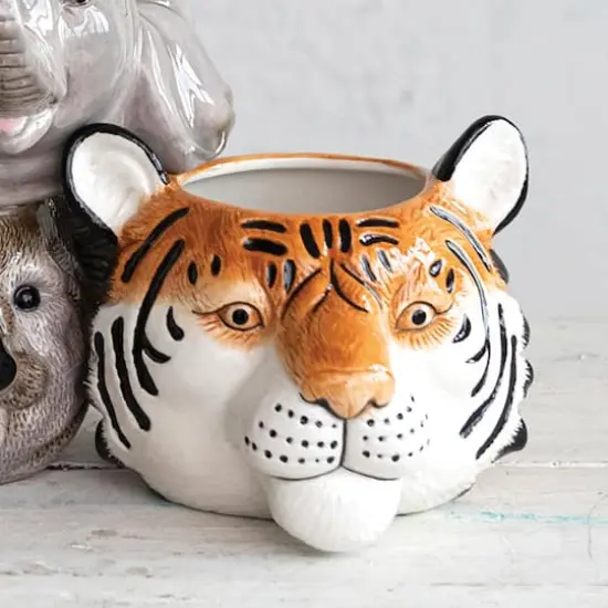 Hello Honey&reg; 6" Round Ceramic Tiger Head Planter {4}