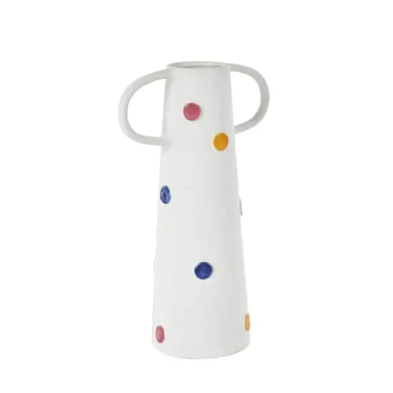16" White & Multicolor Spots Slim Cone Ceramic Decorative Vase with Handles {7}