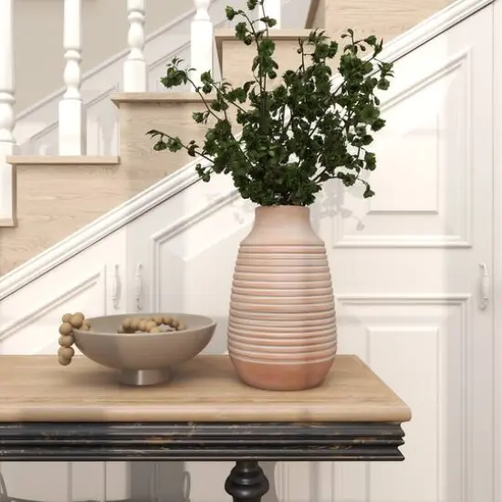 15" Pink Whitewashed Ribbed Terra Cotta Vase {7}