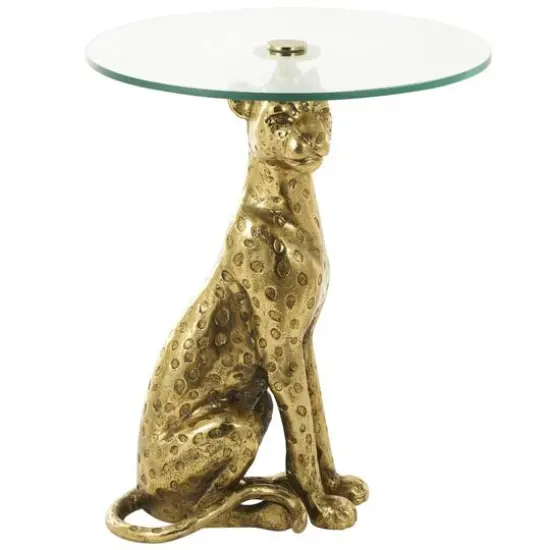 25" Gold Aluminum Leopard Spotted Sitting Accent Table with Glass Tabletop {1}