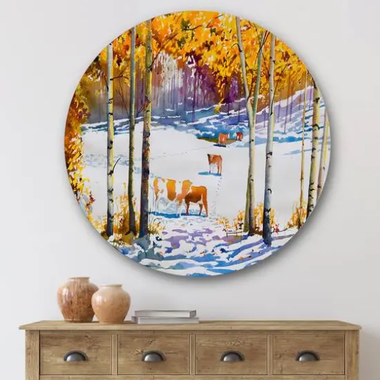 Designart - Cattle In The Early Snow In The Forest - Farmhouse Metal Circle Wall Art {1}