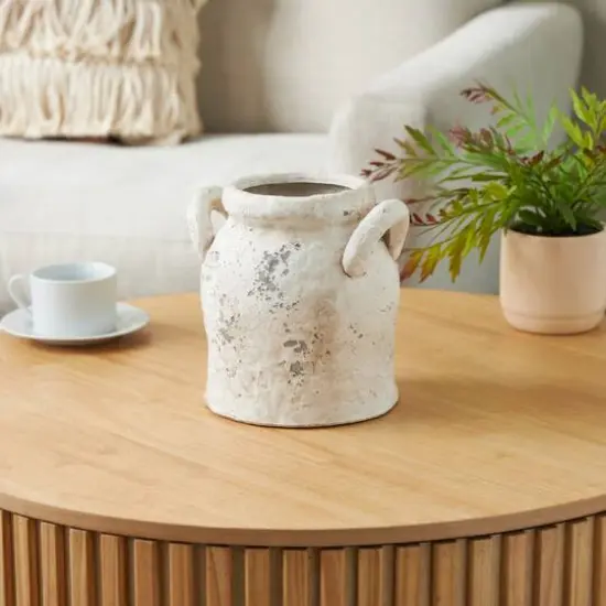 8.25" Cream Ceramic Antique Style Distressed Decorative Vase with Handles {3}