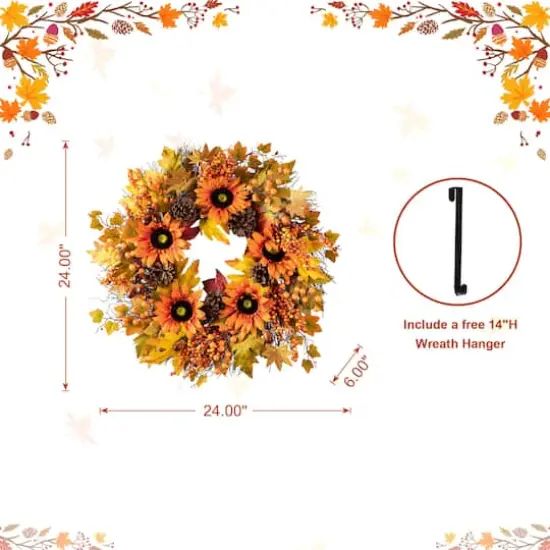 Glitzhome&reg; 24" Fall Sunflower, Maple Leaf &Berry Wreath {17}