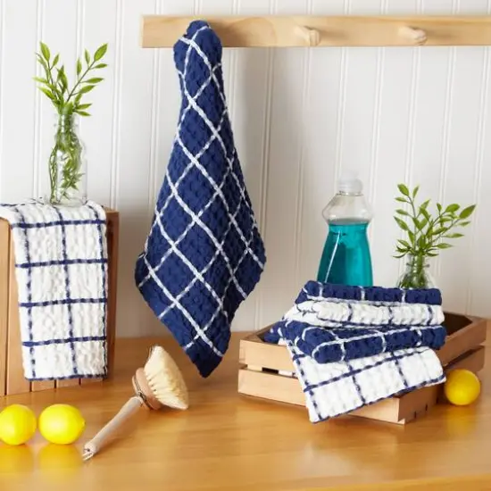 DII&reg; Windowpane Oversized Washed Waffle Dishcloth Set Nautical Blue/White {7}