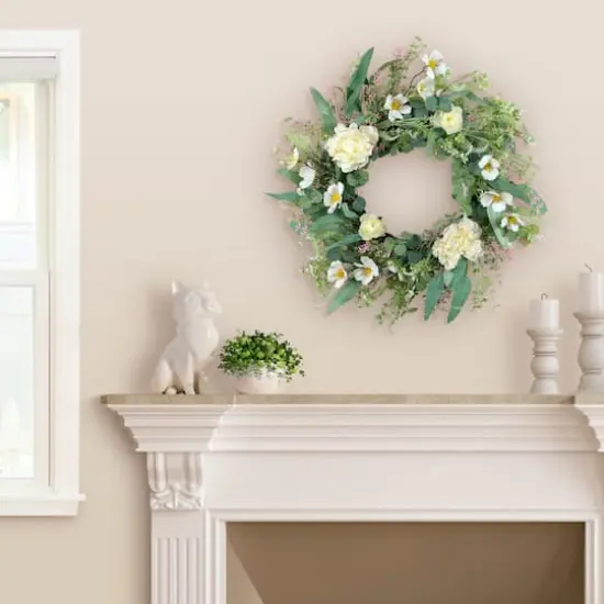 24" White Spring Peony & Dogwood Floral Wreath {3}