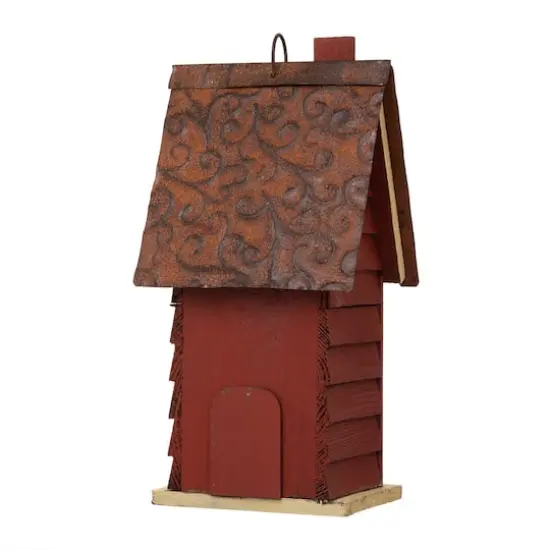 Glitzhome&reg; 12" Hanging Distressed Red Cottage Solid Wood Birdhouse {5}