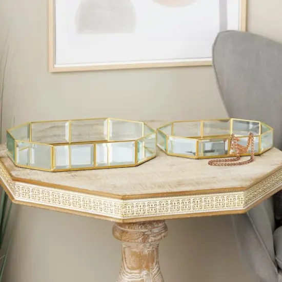 Clear & Gold Beveled Glass & Metal Wide Octagon Jewelry Box Set {3}