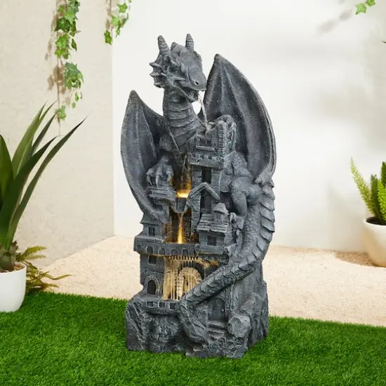 Glitzhome&reg; 36.5" 4-Tier Gothic Dragon Sculptural Outdoor Fountain with LED Light {3}