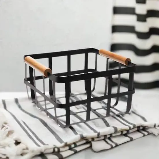 Simplify Small Square Black Metal Basket with Bamboo Handles {4}