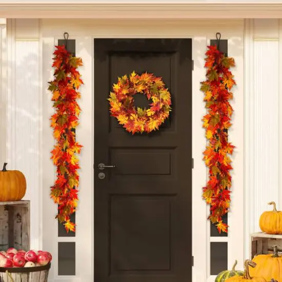 Glitzhome&reg; Lighted Fall Maple Leaves Garland & Wreath Set {3}