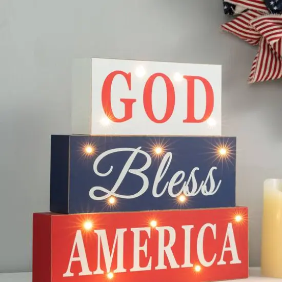 Glitzhome&reg; 12" LED Wooden Patriotic Block Sign {6}