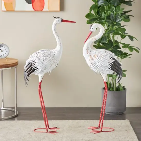 Tall White Textured Metal Crane Garden Sculpture Set {3}