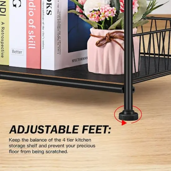 Black 4-Tier Bathroom Storage Rack Metal Shelving Unit with Wood Shelves {4}