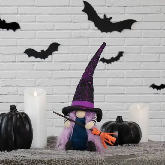 15" Black & Purple Halloween Gnome Witch with Broom {1}