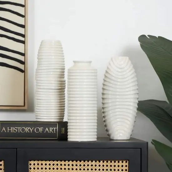 White Ceramic Dimensional Ribbed Vase with Varying Shapes Set {5}