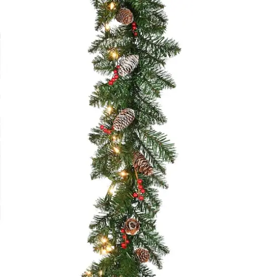 9' x 10" Pre-lit Glittery Mountain Spruce Artificial Christmas Garland with White Edged Cones, Red Berries and 50 Clear Lights {1}