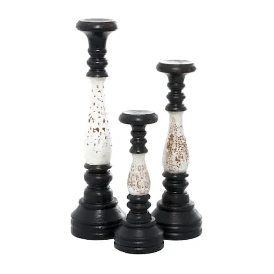 16" Black & White Wood Farmhouse Candlestick Holder Set {3}
