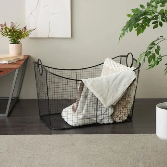 30.25" Black Metal Open Frame Wire Grid Storage Basket with Curved Sides & Ring Handles {13}