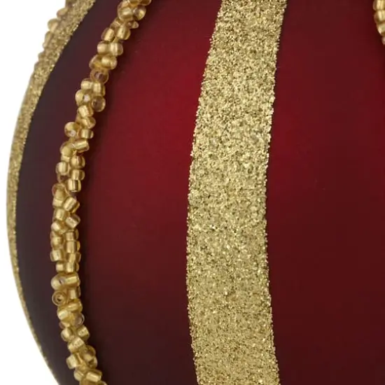 2ct. 4" Burgundy and Gold Striped Beaded Christmas Glass Ball Ornaments {4}