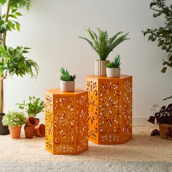 Glitzhome&reg; Orange Floral Motif Hexagonal Garden Stool Set {4}