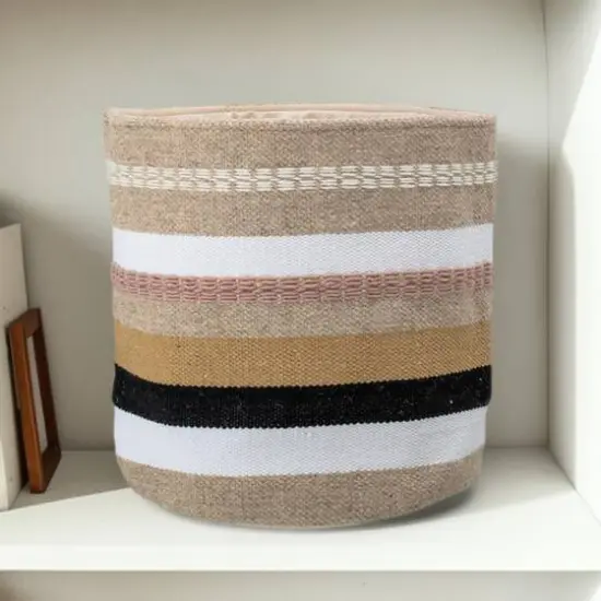 Hello Honey&reg; 16" White, Brown & Pink Striped Round Woven Fabric Basket {8}