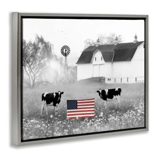 Stupell Industries Americana Barn Country Cows Flag Floater Framed Art Gray {4}
