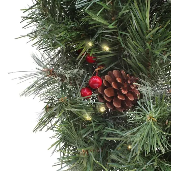 24" Pre-Lit Glistening Pine Wreath with Pinecones, Berries & Twigs, Warm White LED Lights {4}