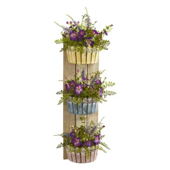 39" Morning Glory Artificial Arrangement in Three-Tiered Wall Decor Planter {1}