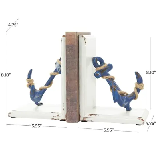 8" Blue Wood Anchor Distressed Bookends with Rope Accents & White Wood Stands Set {4}