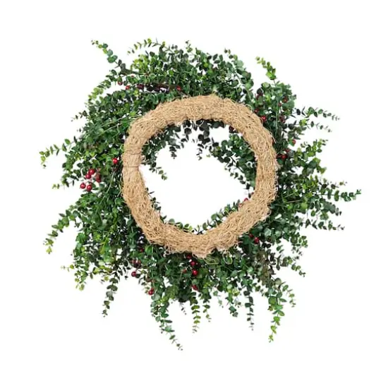 Glitzhome&reg; 28"D Christmas Greenery PE Eucalyptus Wreath with Red Berries {8}