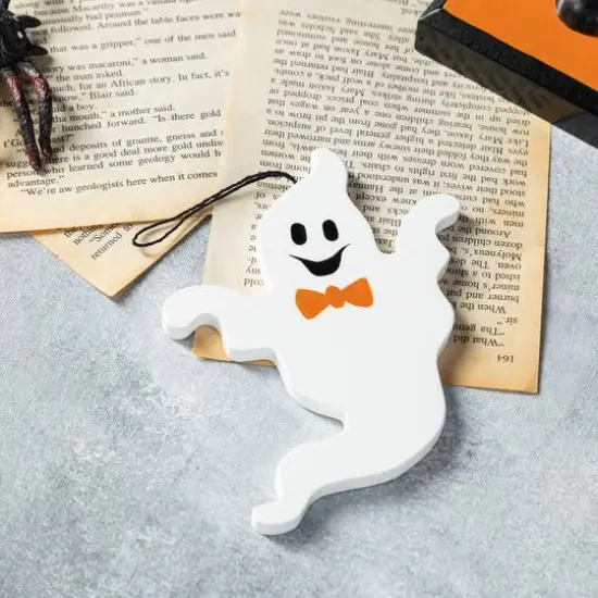 Glitzhome&reg; 18.5"H Halloween Wooden Pumpkin Nutcracker with Ghost Ornament {7}