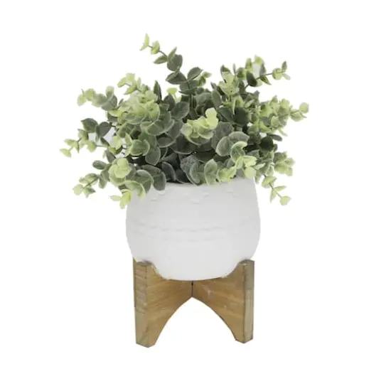Flora Bunda&reg; 4.7" Eucalyptus in Matte White Mayan Ceramic Pot on Wood Stand {1}