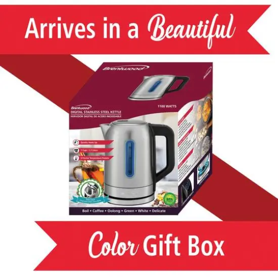 Brentwood 1.79qt. 1,500 Watt Cordless Digital Stainless Steel Kettle With 5 Temperature Presets & Swivel Base {10}