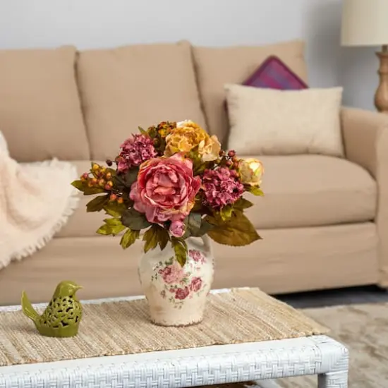 16'' Pink & Yellow Peony Arrangement in Flower Print Jar {4}