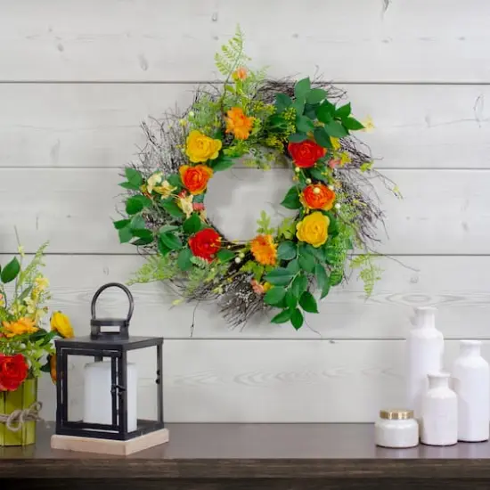 20" Orange & Yellow Ranunculus & Rose Floral Spring Wreath {3}
