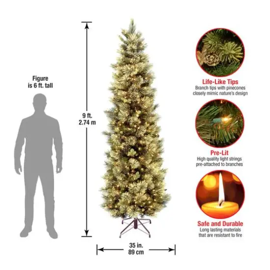 9 ft. Pre-Lit Carolina Pine Slim Artificial Christmas Tree with Flocked Pine Cones, Clear Lights {6}
