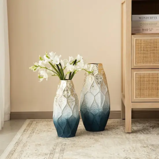 Glitzhome&reg; Abstract Ombre Blue & Gold Metal Floor Vases Set {3}