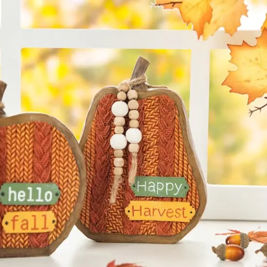 Glitzhome&reg; Fall Faux Knitted Resin Pumpkin Set {6}