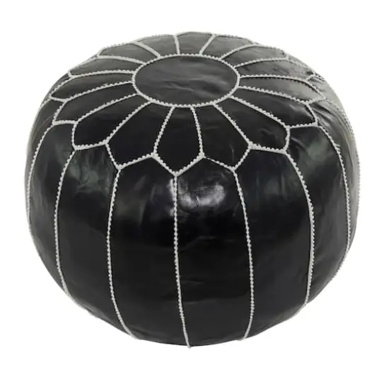 24" Black Leather Moroccan Floral Pouf with White Stitching {1}