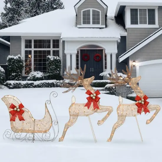 Champagne Reindeer and Sleigh with Clear Lights Decoration {3}