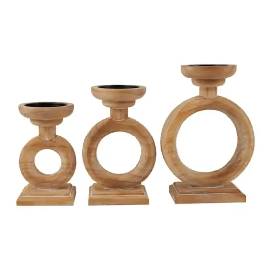 Brown Wood Circular Ring Candle Holder Set {1}