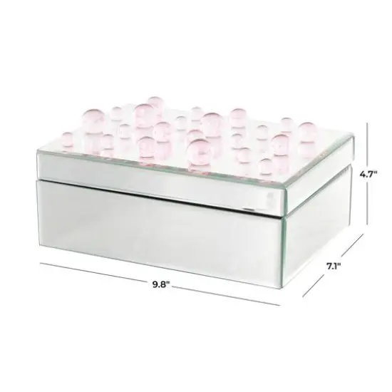 9.75" x 7" x 4.75" Silver Glass Mirrored Decorative Jewelry Box with Pink Bubble Textured Balls {6}