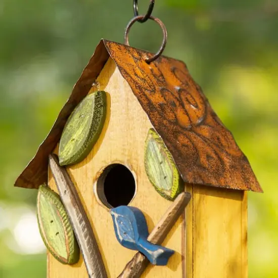Glitzhome&reg; 9.75" Yellow Distressed Bird & Tree Birdhouse {5}