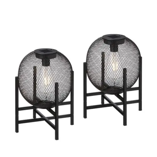 Glitzhome® 11.5" Metal Mesh Black Solar Powered Lantern with Stand, 2ct. {1}