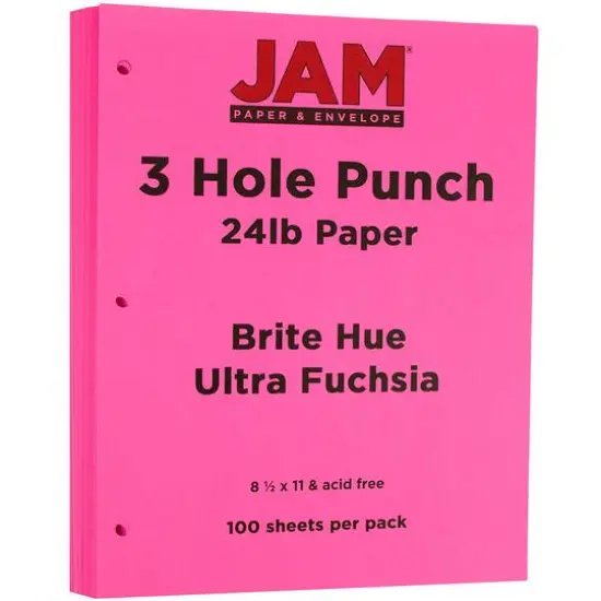JAM Paper 3 Hole Punch 8.5" x 11" 24lb. Paper, 100 Sheets Ultra Fuchsia Pink {4}
