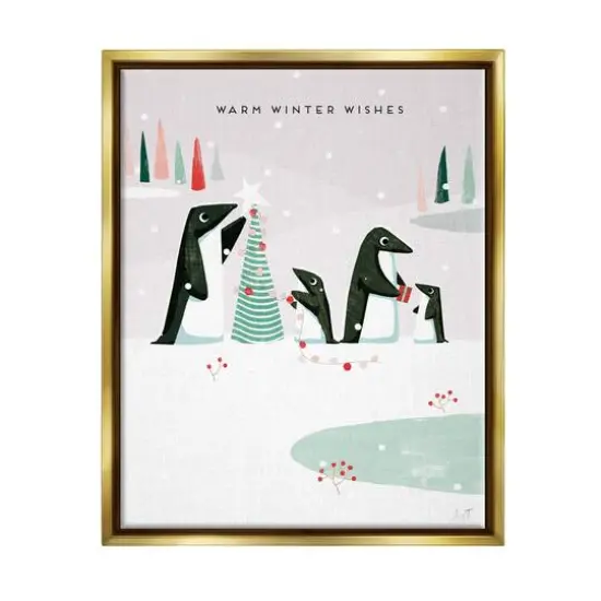 Stupell Industries Warm Winter Wishes Snowy Penguins Framed Floater Canvas Wall Art Gold {1}